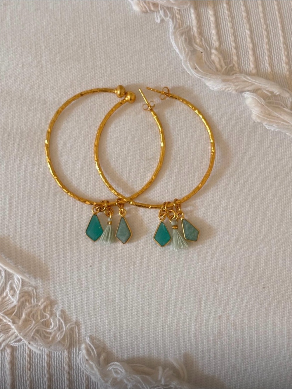 Gold Hoop Earrings with Mint Green Charms - Women Jewelry